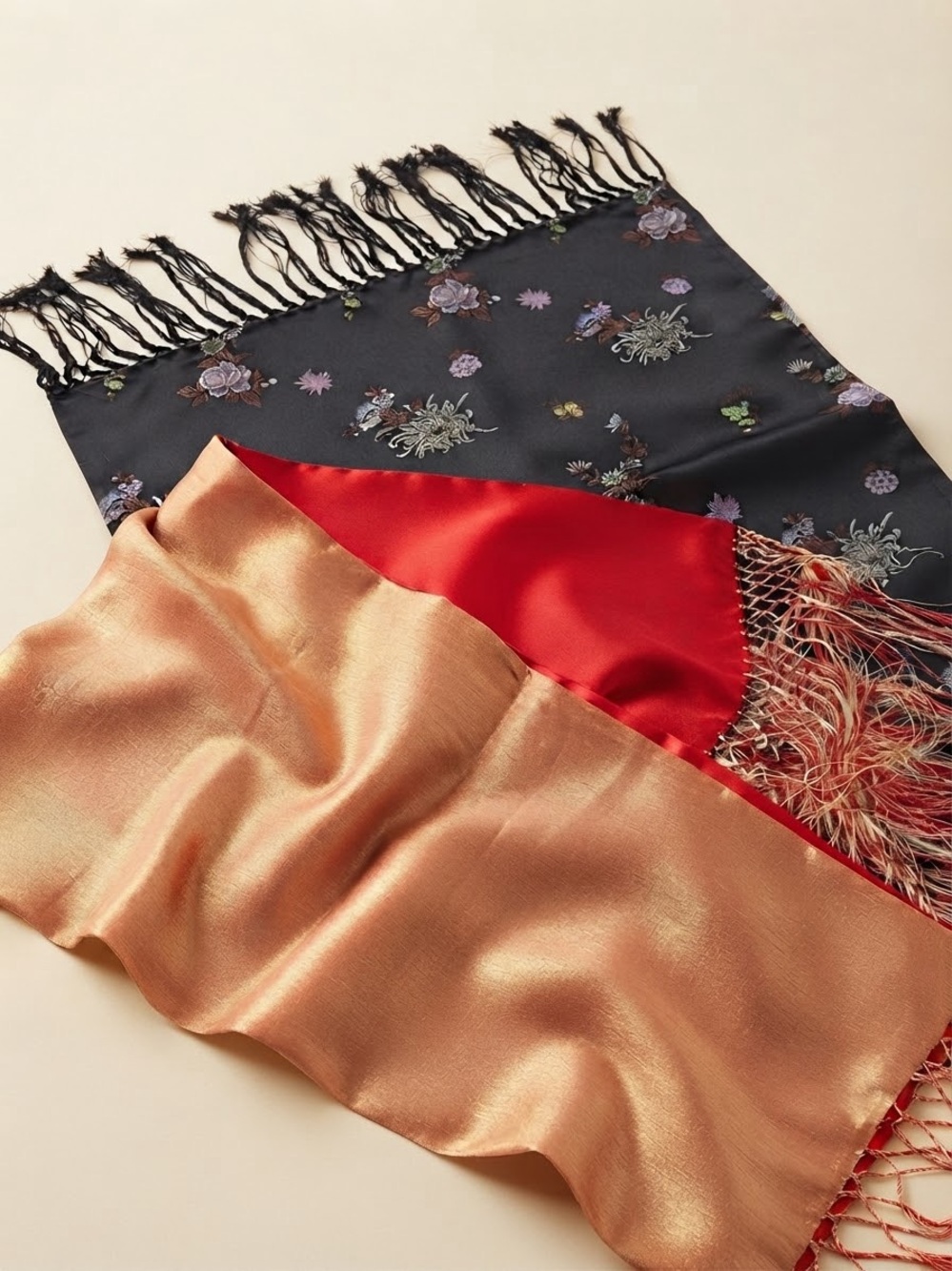 Lot of 2 Elegant Pashmina Scarves Reversible Floral Gold Red Black